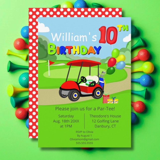 Söt 10-årsdag Röd golfkärra Pojke Inbjudningar (Skapare uppladdad)