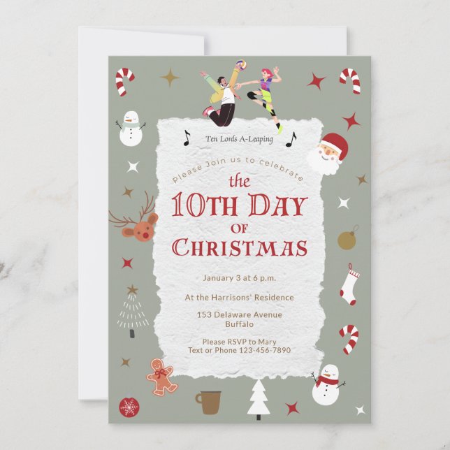 Söt 10:e julen Mid-Century Retro Xmas Inbjudningar (Framsida)