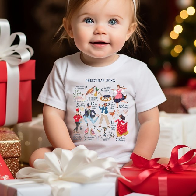 Söt 12 dagar av jul klassiska barn t shirt (Christmas baby t-shirt custom year, 12 days of Christmas Illustration.)