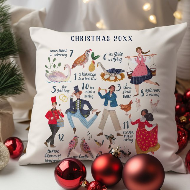 Söt 12 dagars jul klassisk illustration kudde (12 Days of Christmas custom year traditional classic illustration holiday throw pillow decor.)