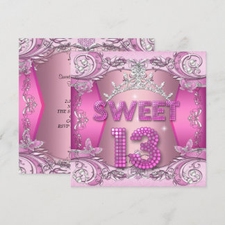 Söt 13 13-års födelsedagsfest Rosa Silver Tiara Inbjudningar