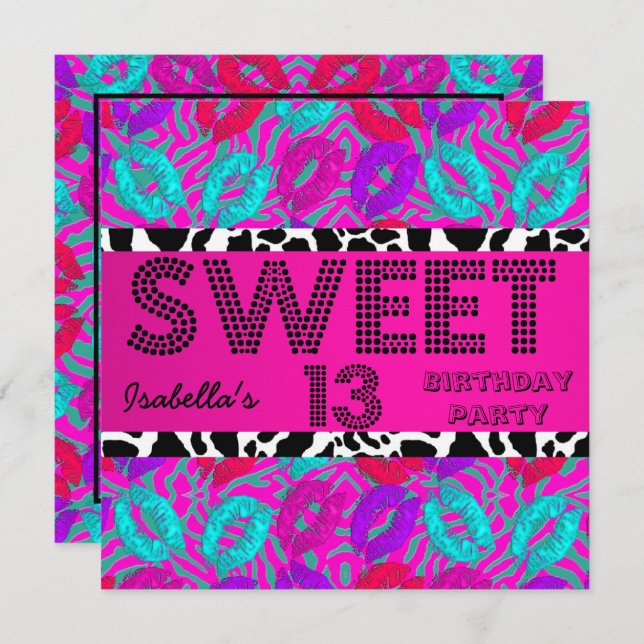 Söt 13 13-årsdag Läppar Ko Lila Rosa Teal Inbjudningar (Fram/baksida)
