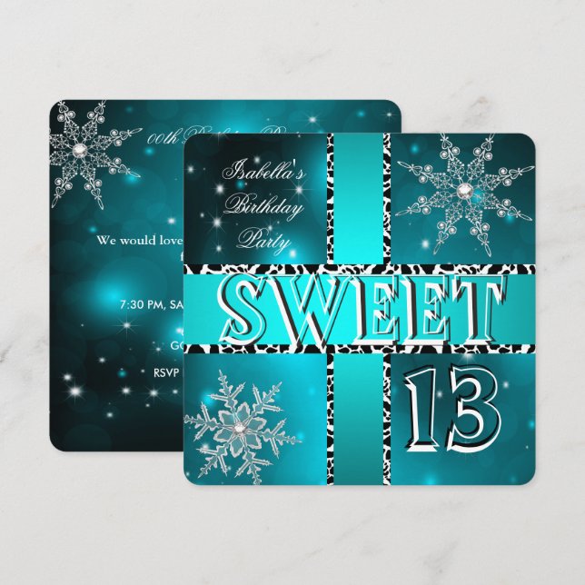 Söt 13 13-årsdag Teal Vinterundret 2 Inbjudningar (Fram/baksida)