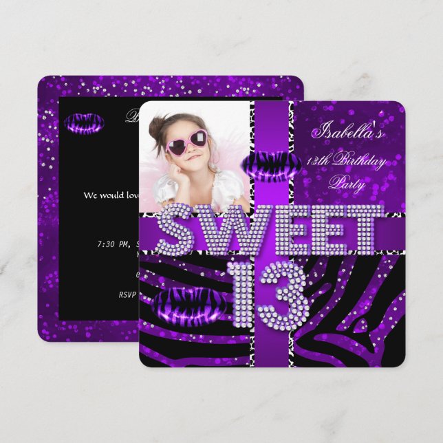Söt 13 13-årsdag Zebra Glitter Lila Läppar Inbjudningar (Fram/baksida)