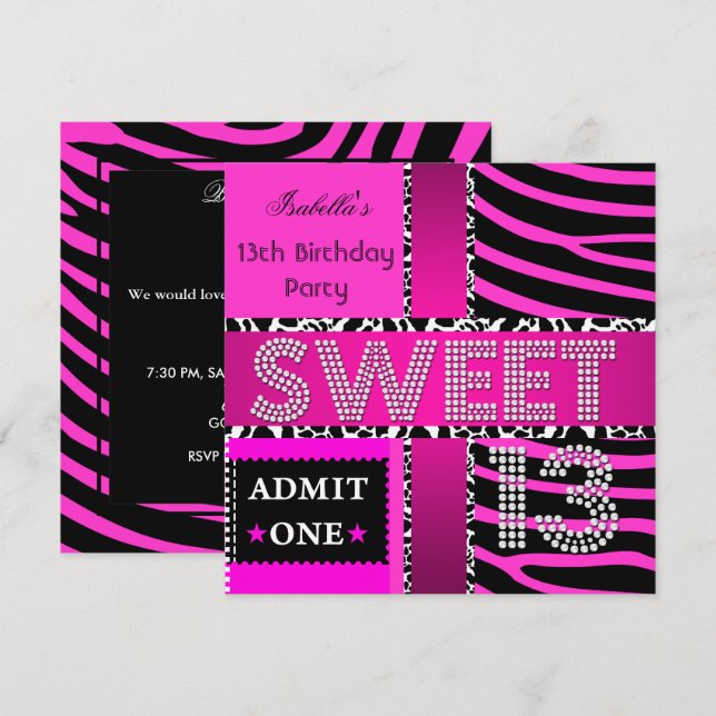 Söt 13 13-årsdag Zebra Ko Hot Pink Svart Inbjudningar (Fram/baksida)