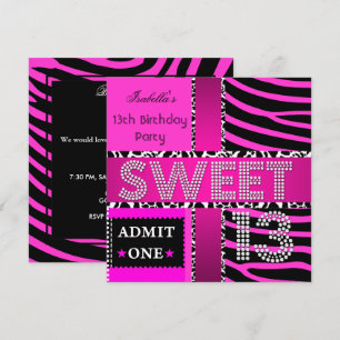Söt 13 13-årsdag Zebra Ko Hot Pink Svart Inbjudningar