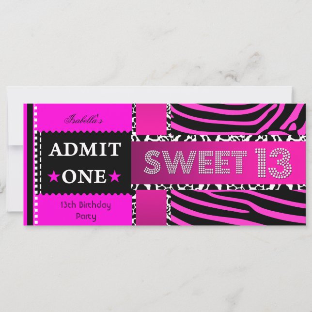 Söt 13 13-årsdag Zebra Ko Hot Pink Svart Inbjudningar (Framsida)