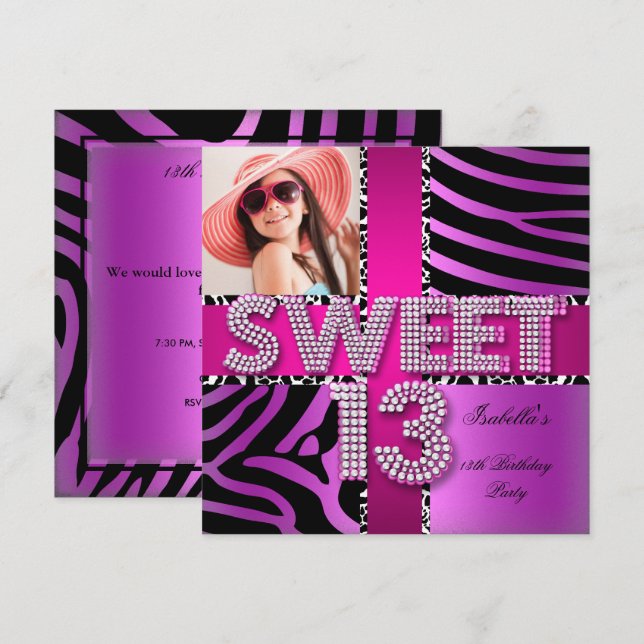 Söt 13 13-årsdag Zebra Ko Rosa Lila Inbjudningar (Fram/baksida)