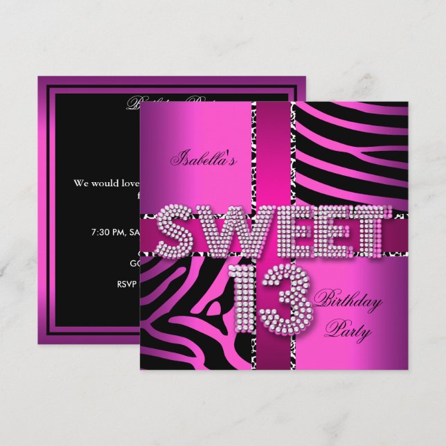 Söt 13 13-årsdag Zebra Ko Rosa Svart Inbjudningar (Fram/baksida)