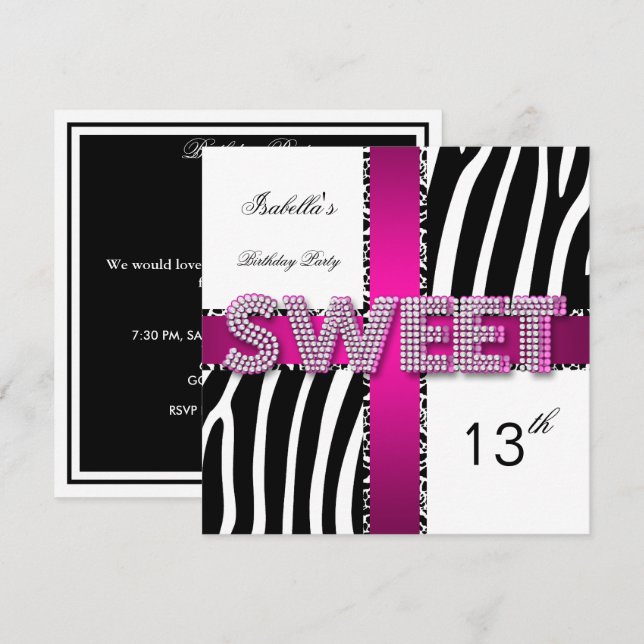 Söt 13 13-årsdag Zebra Ko Rosa Svart Vit Inbjudningar (Fram/baksida)