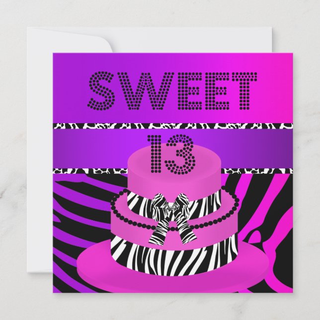 Söt 13 13-årsdag Zebra Lila Rosa Tårta Inbjudningar (Framsida)