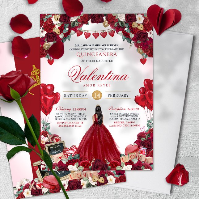 Söt 15 Alla hjärtans dag Red Birthday Quinceañera Inbjudningar (Skapare uppladdad)