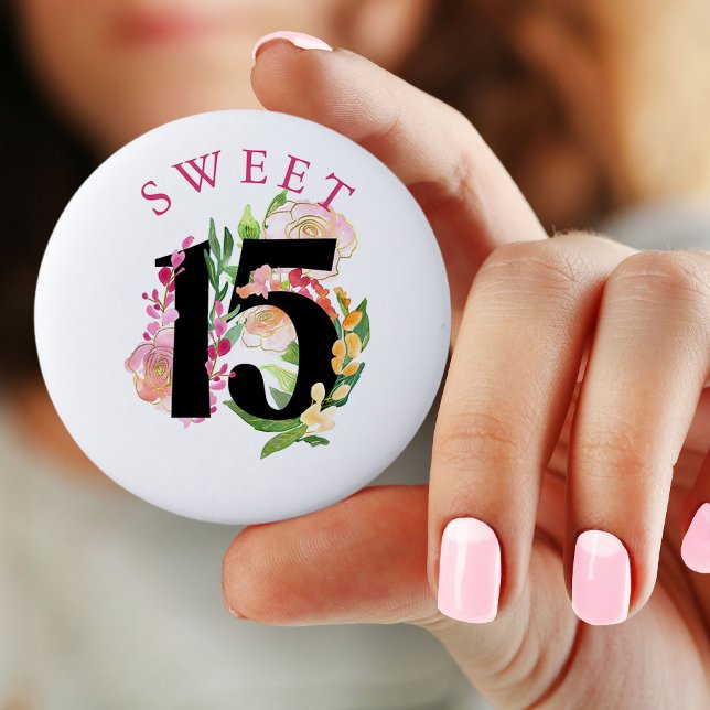 Söt 15 Blommigt Nummer 15: e födelsedagen Knapp (Sweet 15 - Quinceanera - 15th birthday pin button badge)
