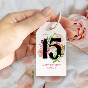 Söt 15 Blommigt Nummer 15: e födelsedagen Presentetikett