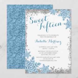 Söt 15 Glam Winter Wonderland Silver Blue Inbjudan