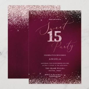 Söt 15 Rosa Diamond Glitter Burgundy Inbjudningar