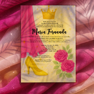 Söt 15 Royal Quinceañera Guld Krona Rosa Dress Inbjudningar