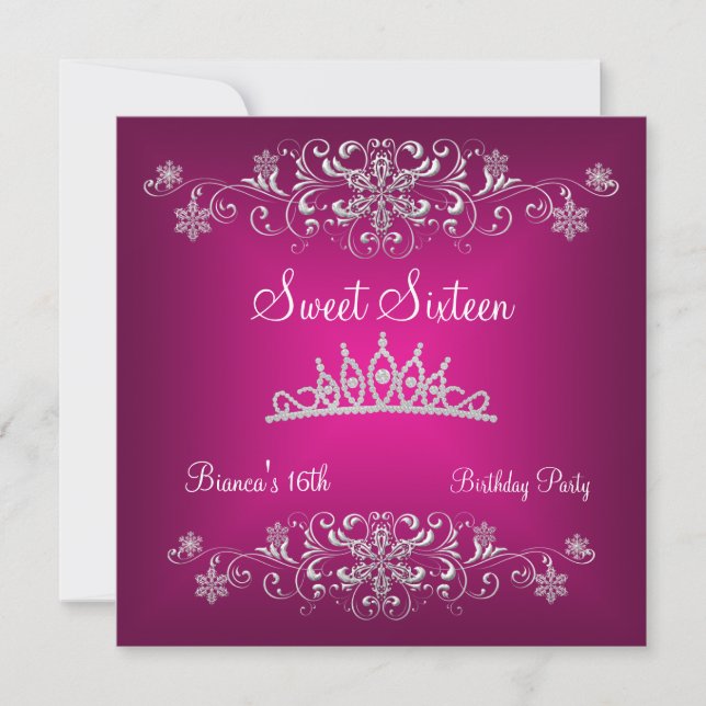 Söt 16 16-års Pink Silver Diamant Tiara Inbjudningar (Framsida)