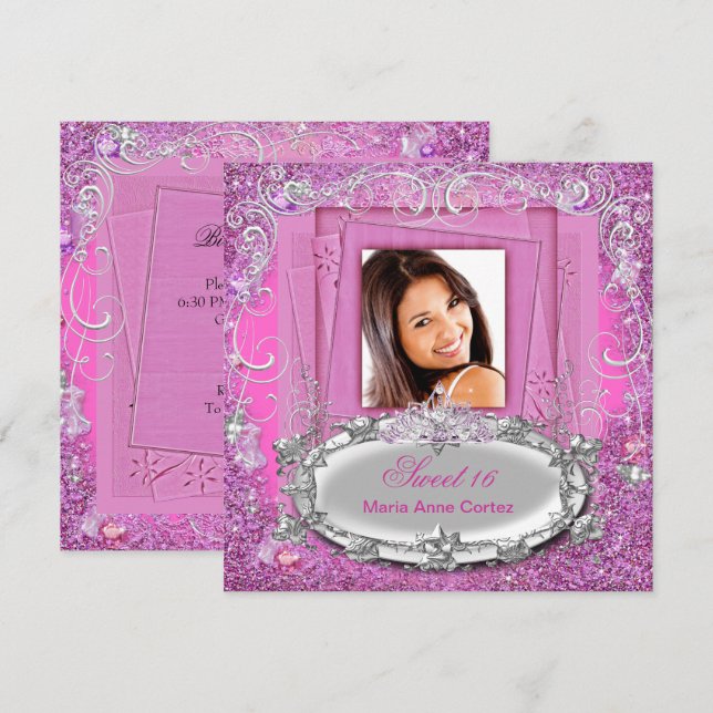Söt 16 16-års söt sexton rosa glitter look inbjudningar (Fram/baksida)