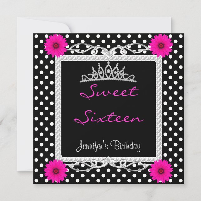 Söt 16 16th Black White spot Rosa blommigt Tiara Inbjudningar (Framsida)