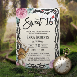 Söt 16 Alice i Wonderland Blommigt Thorn Framed Inbjudningar