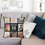 Söt 16 anpassningsbars fotokollage svart silver kudde<br><div class="desc">En unik gåva till en flickas söt 16-årsdag,  som firar hennes liv med en kollage av 8 av dina egna foton,  bilder. Anpassa och lägg till hennes namn och ett datum. Chicens svarta bakgrund. Namn är skrivet med ett modernt handskript i stil,  nummer 16 med faux silver balloon stil.</div>