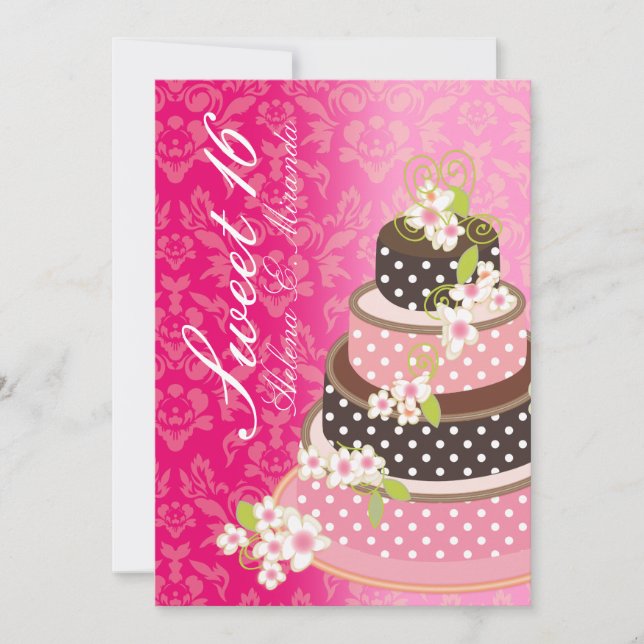 Söt 16-åring/prinsessa/4-lagers rosa chokladtårta inbjudningar (Framsida)