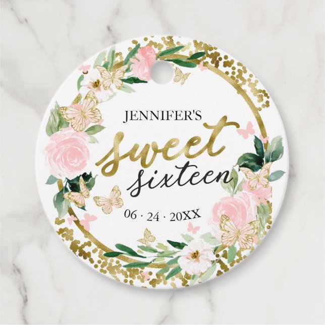 Söt 16-års Blush Blomma Fjäril Gåvor Etiketter (Framsida)