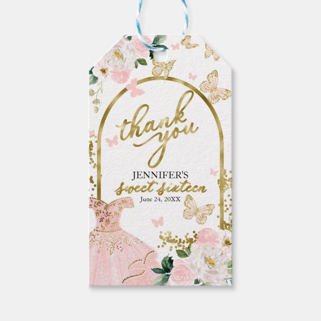 Söt 16-års Blush Blommig Fjäril Tack så mycket Presentetikett (Framsidan)