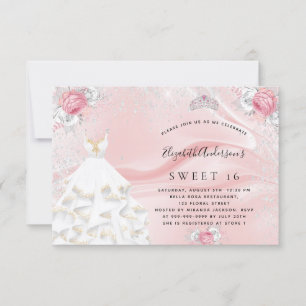 Söt 16-års blush rosa glitterklänning tiara blommi inbjudningar