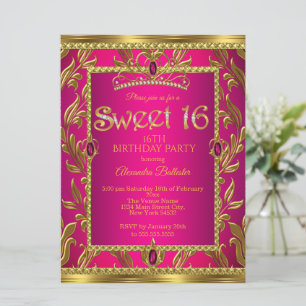 Söt 16-års födelsedag Hot Pink Jewel Tiara Guld Inbjudningar