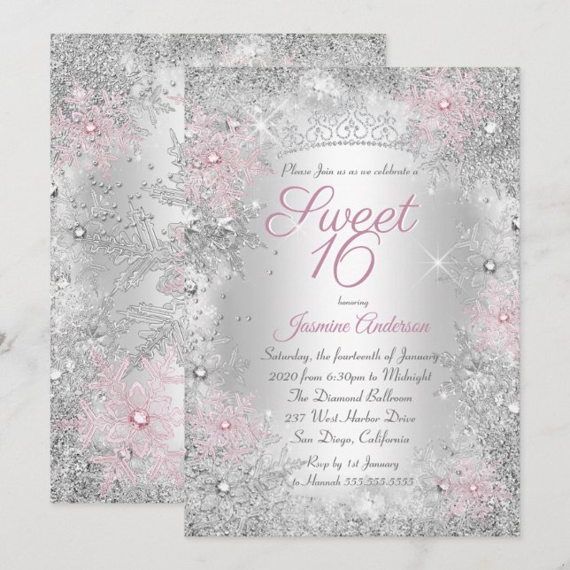 Söt 16-års födelsedag Rosa Silver Vinter Värld Inbjudningar (Fram/baksida)