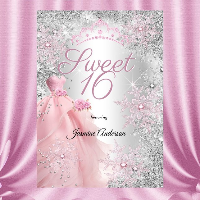 Söt 16-års födelsedag Rosa Silver Vinter Värld Inbjudningar (Skapare uppladdad)