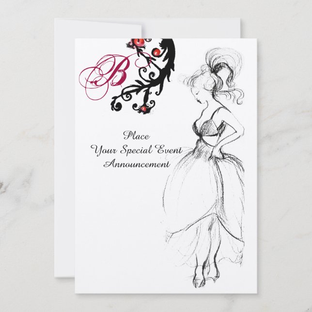 SÖT 16-ÅRS FÖDELSEDAGSFEST MONOGRAM Röd Svarta Vir Inbjudningar (Framsida)