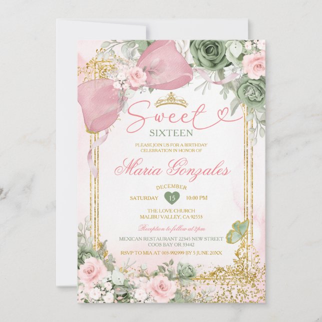 Söt 16-års Pink Bow Sage Grön Blommig Födelsedag Inbjudningar (Framsida)