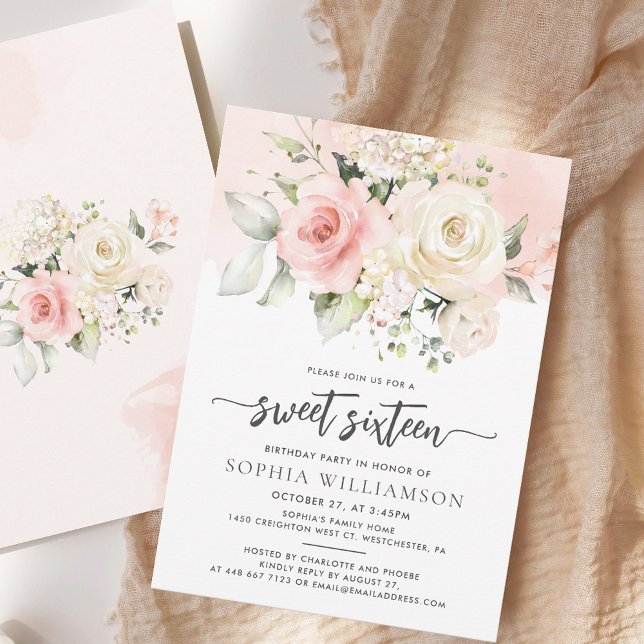 Söt 16-års Pink Floral Födelsedagsfest Inbjudningar (Pink Floral Sweet Sixteen Script Watercolor 16th Birthday Party Invitation)