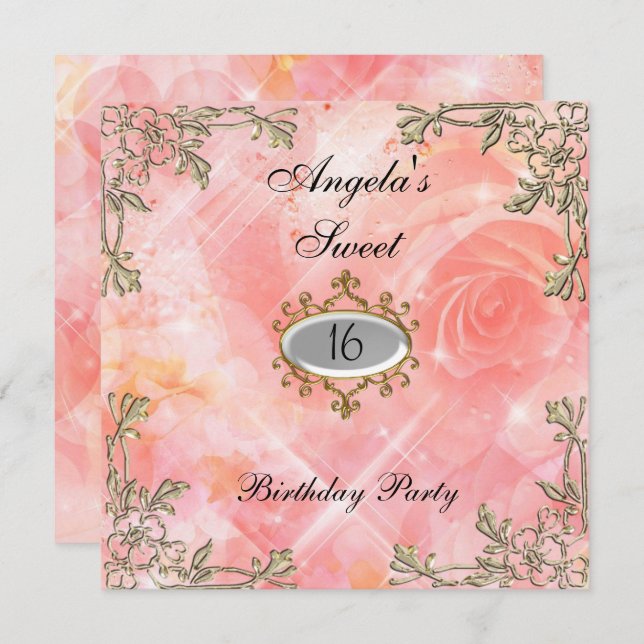 Söt 16-årsdag Bjud in Rosa Flowers Inbjudningar (Fram/baksida)