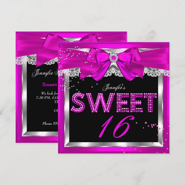 Söt 16-årsdag Hot Pink Glitter Glam Födelsedagsfes Inbjudningar (Fram/baksida)
