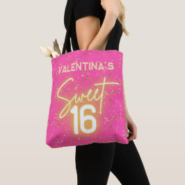 Söt 16-årsdag Hot Pink Neon Glöd Guld Glitter Föde Tygkasse