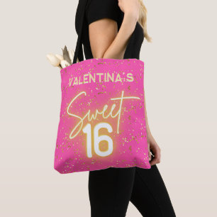 Söt 16-årsdag Hot Pink Neon Glöd Guld Glitter Föde Tygkasse