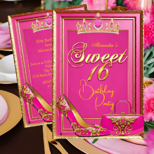 Söt 16-årsdag Hot Pink Tiara Klack Guld Handväska Inbjudningar
