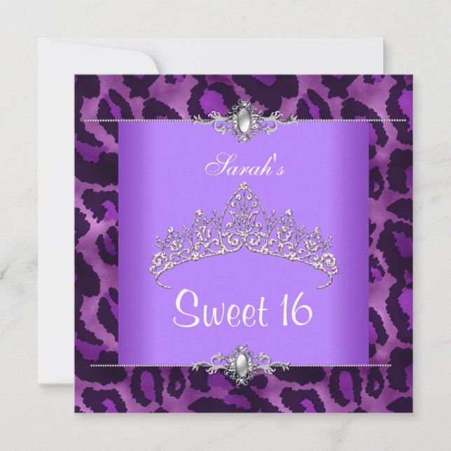 Söt 16-årsdag Lila Leopard Silver Tiara 2 Inbjudningar (Framsida)