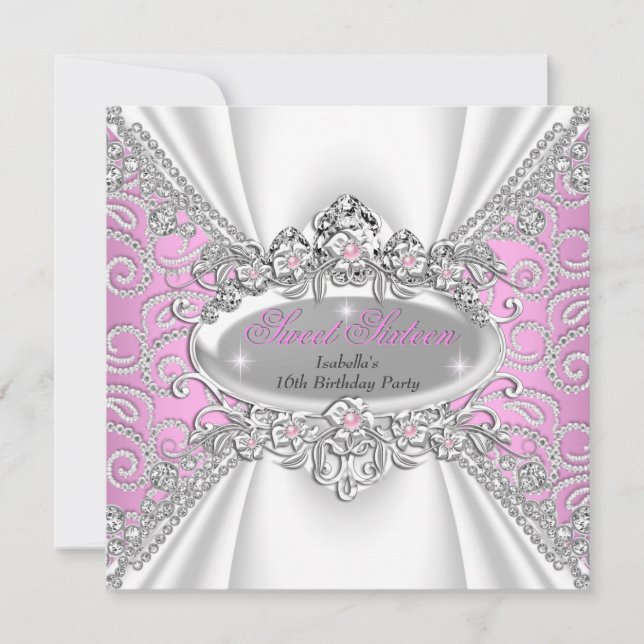 Söt 16-årsdag Prinsessa Rosa Diamanter Tiara 2 Inbjudningar (Framsida)