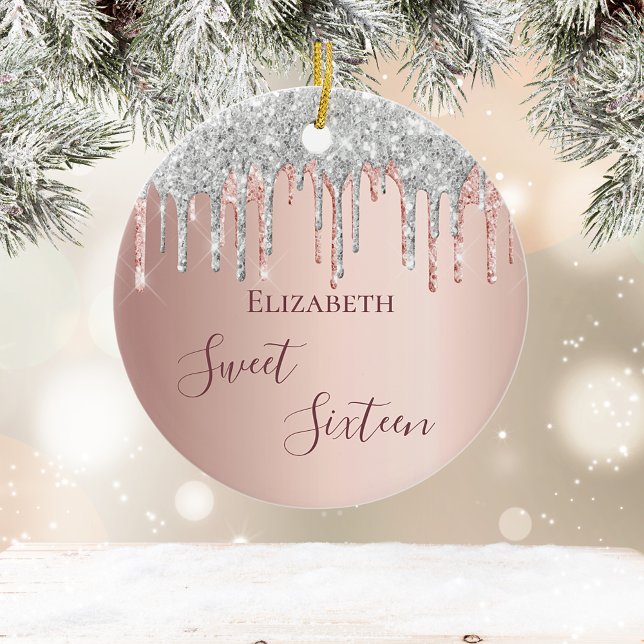 Söt 16-årsdag ro guld rosa julgransprydnad keramik (Skapare uppladdad)