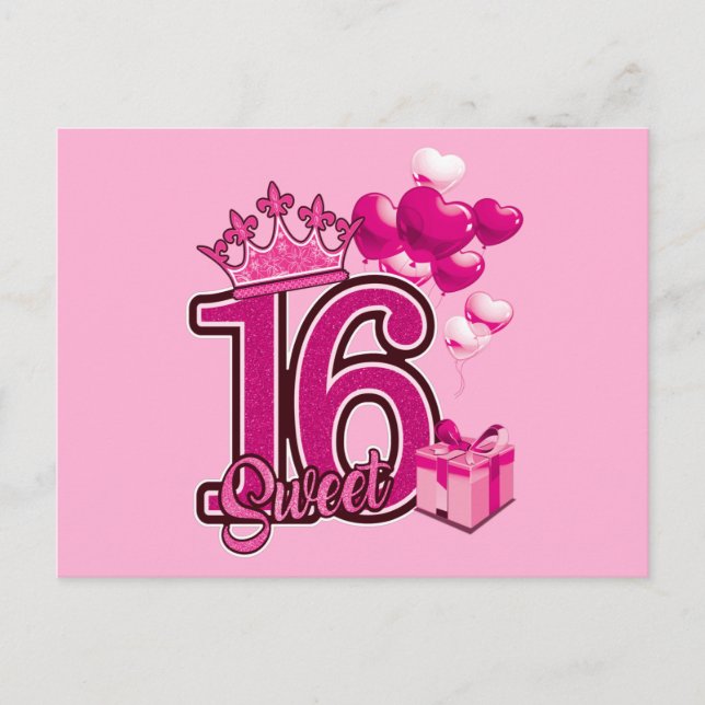 Söt 16-årsdag Rosa vykort (Framsida)
