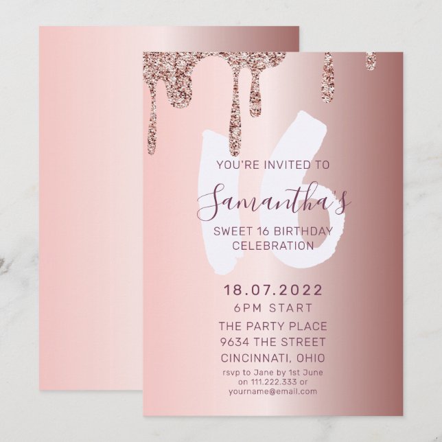 Söt 16-årsdag Roséguld Glitter  Inbjudningar (Fram/baksida)