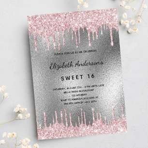 Söt 16-årsdag silver glitter rosa inbjudan
