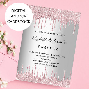 Söt 16-årsdag silver rosa glitter droppar inbjudningar