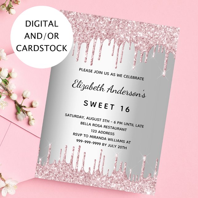 Söt 16-årsdag silver rosa glitter droppar inbjudningar (Skapare uppladdad)