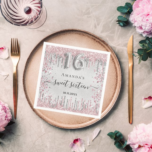 Söt 16-årsdag silver rosa glitter hjärta pappersservett (Skapare uppladdad)